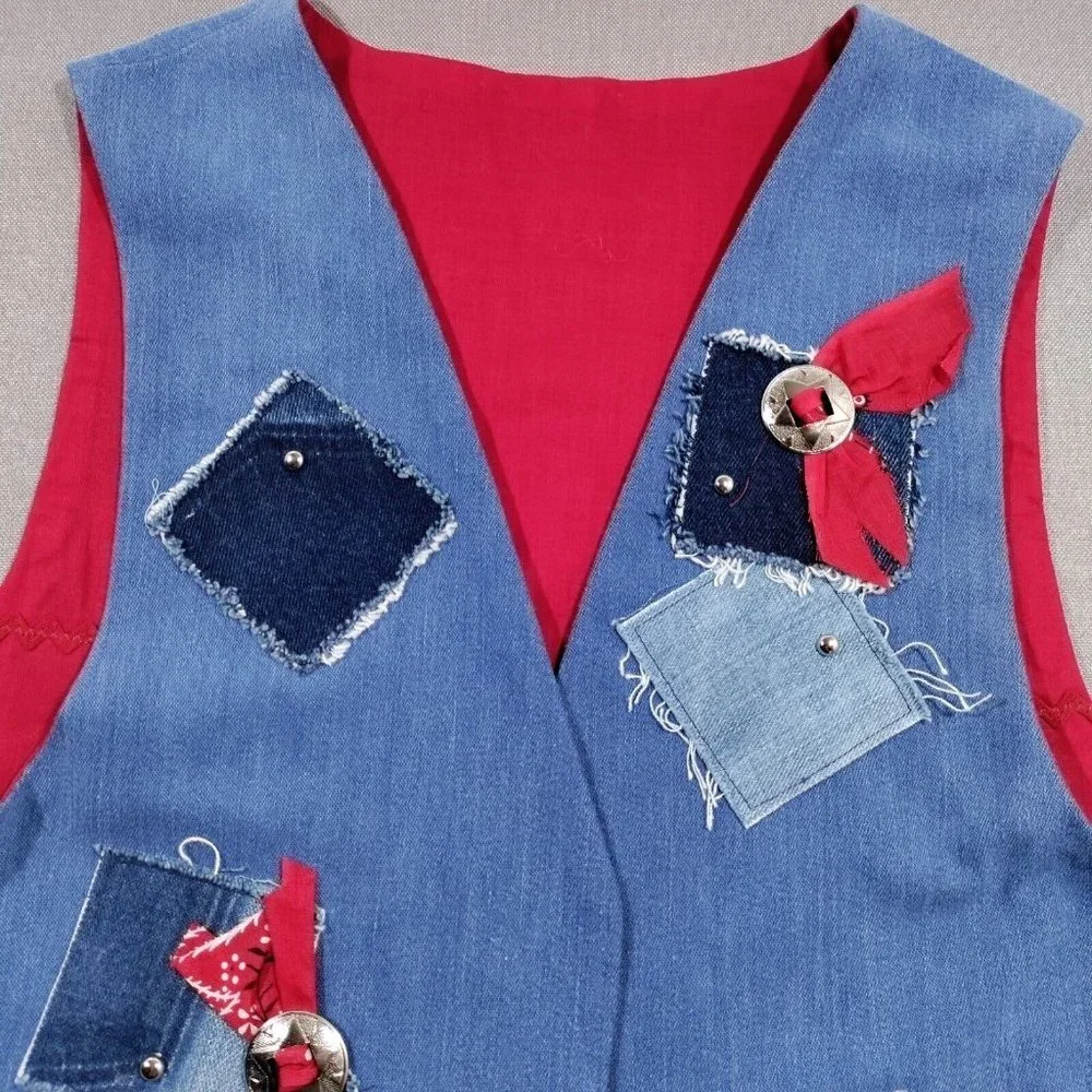 Vtg Handmade Denim Patchwork Vest Large Bandana Print Concho Lined